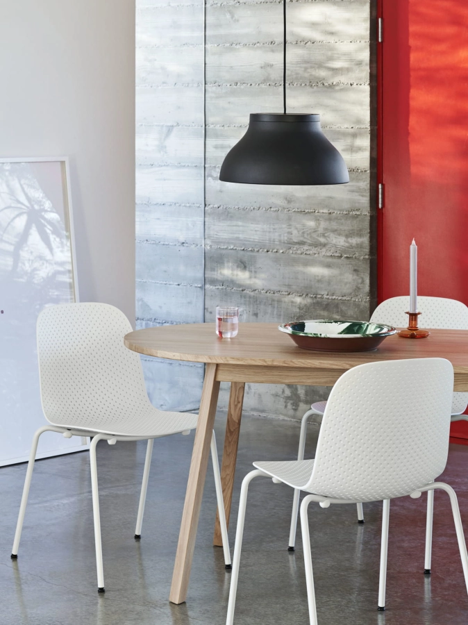 13Eighty Chair chalk white shell grey white steel base_PC Pendant soft black_Triangle Leg Table oiled oak.jpg