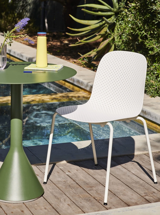 13Eighty Chair chalk white shell grey white steel base_Palissade Cone Table olive_Sowden Bottle light yellow.jpg