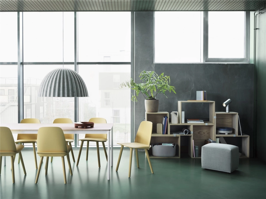 nerd-chair-sand-yellow-stacked-oak-under-the-bell-lamp-echo-pouf-remix-123-beam-lamp-muuto-org.jpg