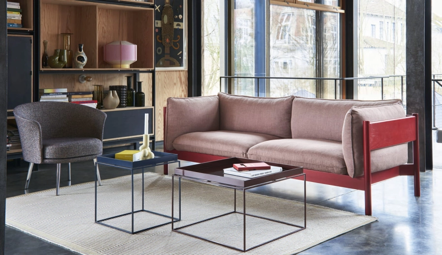 Arbour 3 Seater Re-wool 648 wine red water-based lacquer beech base_Tray Table deep blue high gloss_chocolate high gloss.jpg