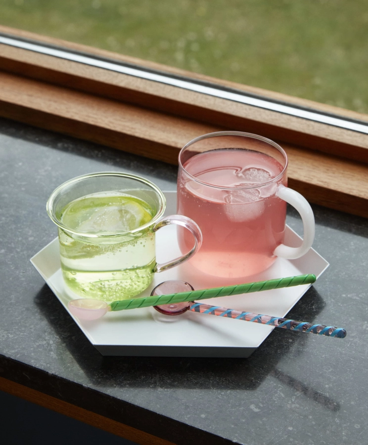 Borosilicate Cup lime with pink handle_Borosilicate Mug pink with white handle_Glass Spoons.jpg