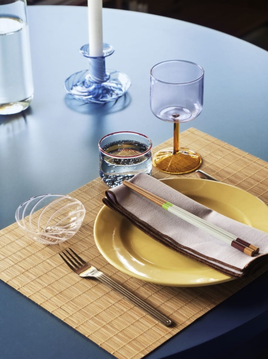 Bamboo Place Mat natural_Colour Sticks multi_Tint Wineglass pink and yellow_Flare Stripe light blue with white.jpg