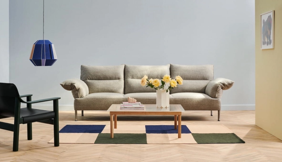 Pandarine 3 Seater Reclining Armrest Beck 048 uph legs_Ethan Cook Flat Works peach green check_Bonbon Shade 500 blue tones.jpg