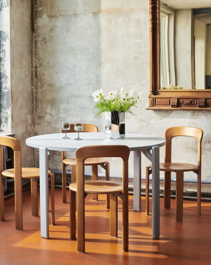 Rey Chair golden wb lacquer beech_Rey Dining Table gull laminate slate blue wb lacquer beech base_Arcs Vase mirror.jpg
