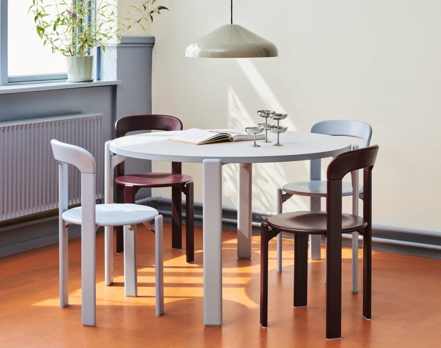 Rey Dining Table gull laminate slate blue wb lacquer beech base_Rey Chair grape red wb lacquer beech_Pao Steel Pendant cool grey.jpg