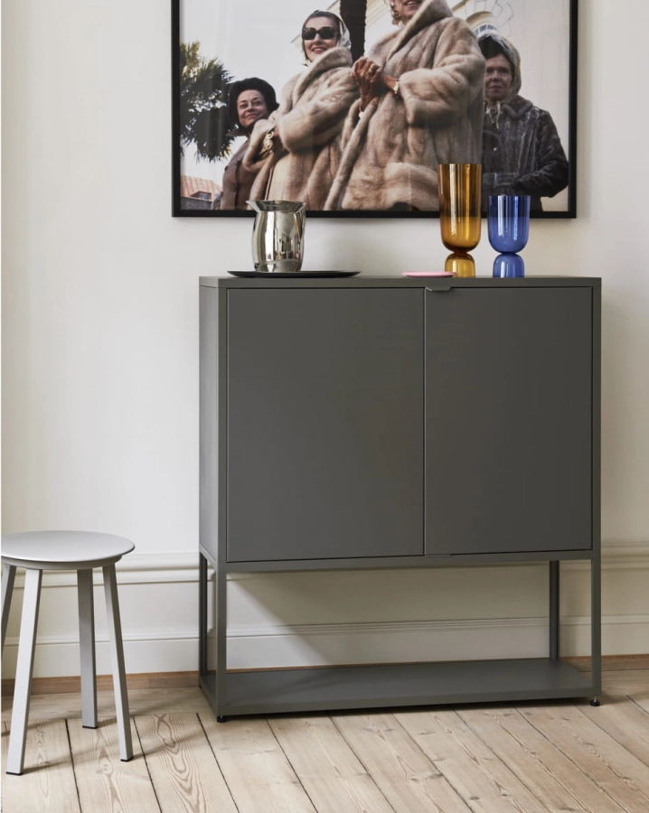 New Order Shelving System army_Revolver Stool grey_Bottoms Up Vase L amber_Bottoms Up Vase s electric blue.jpg