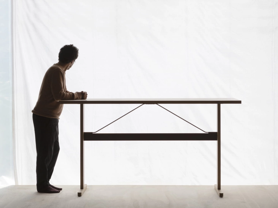 Passerelle High Table wb lacquered oak frame and edge burgundy powder coated crossbar 01.jpg