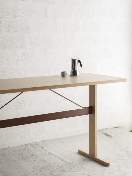 Passerelle High Table wb lacquered oak frame and edge burgundy powder coated crossbar.jpg