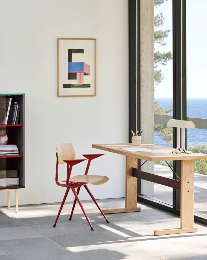 Result Armchair tomato red armrest and frame_Passerelle Table wb lacquer oak burgundy red crossbar_Anagram Table Lamp rice.jpg