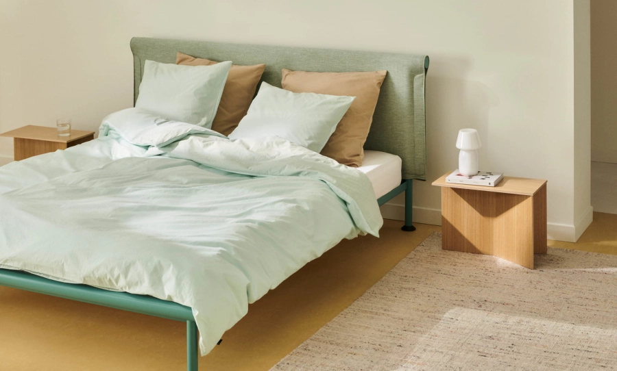 Tamoto Bed Metaphor 023 headboard_mint turquoise powder coated frame_Slit Table Wood Oblong wb lacquer oak_Apollo Portable.jpg