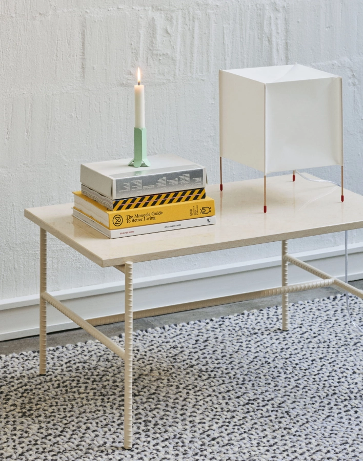 Rebar Coffee Table L80xW49xH40.5 beige marble tabletop alabaster powder coated steel frame_Paper Cube Table Lamp_Braided Rug 140x200 grey.jpg