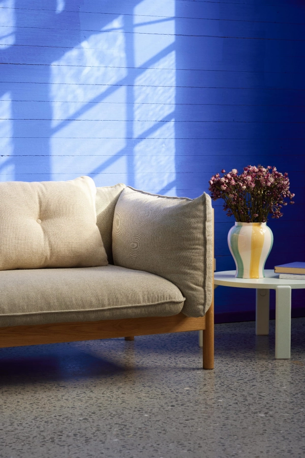 Arbour Club Sofa Re-wool 218 oiled waxed oak base_Rey Coffee Table slate blue wb lacquer beech_Sobremesa Stripe Vase L green and yellow_Dot Cushion.jpg