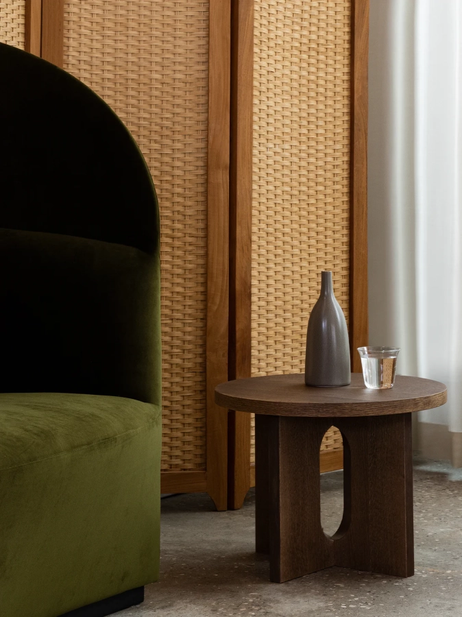 MENU_Tearoom_Lounge_Chair_High_Back_Androgyne_Side_Table_Strandgade_Stem_Vase_Strandgade_Drinking_Glass.webp