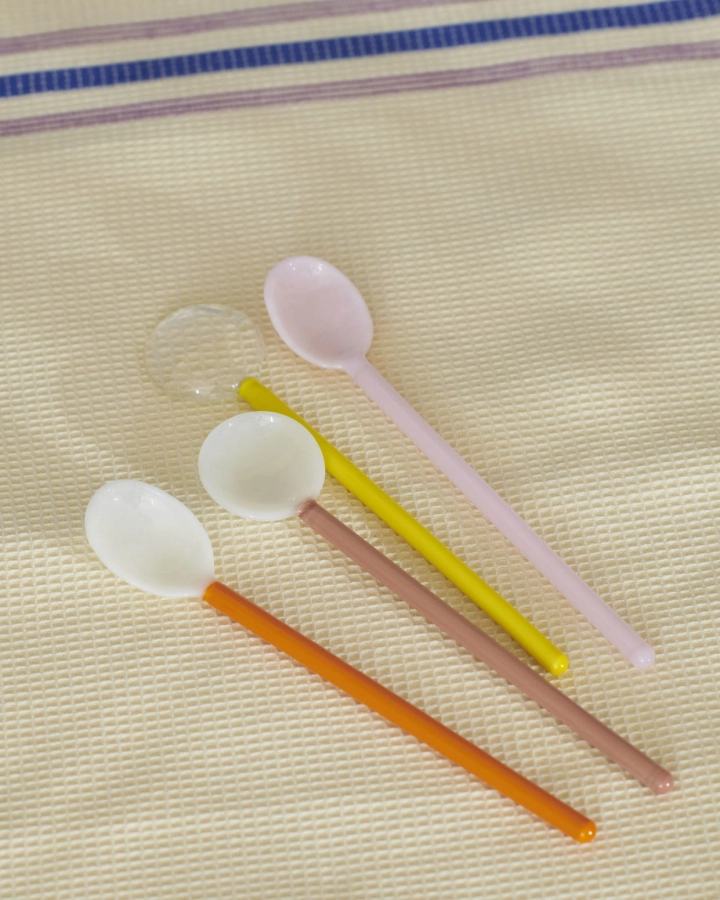 Glass Spoons Duo light pink and bright orange_Glass Spoons Round bright yellow and brown_Canteen Tea Towel cream and blue.jpg