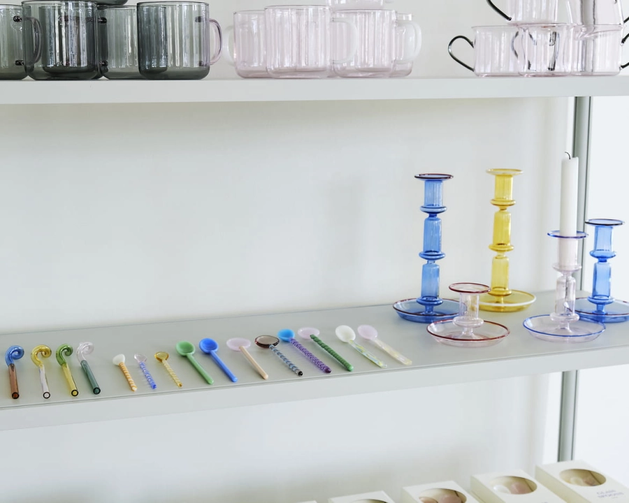 Glass Spoons family_Flare Tall light blue with red rim_Flare Medium pink with blue rim.jpg