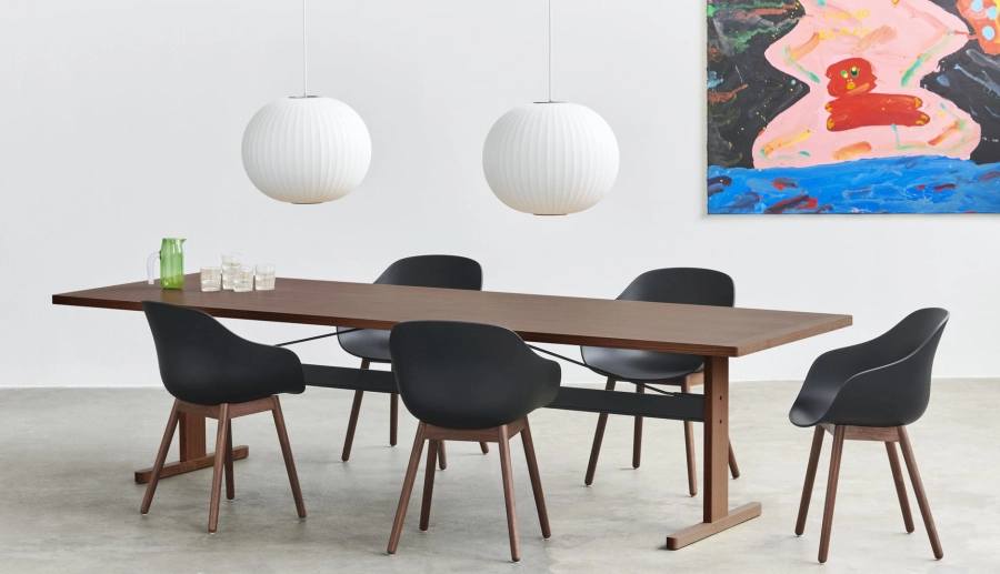 AAC 212 black 2.0 shell wb lacquer walnut base_Passerelle Table wb lacquer walnut black powder coated crossbar_Nelson Ball Bubble Pendant M.jpg