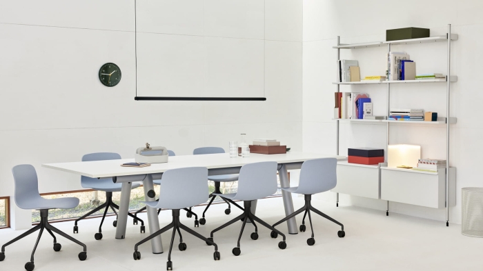 AAC 14 slate blue 2.0 shell black 4 star swivel wheel base_Boa Table white laminate metallic powder coated frame pa frame.jpg