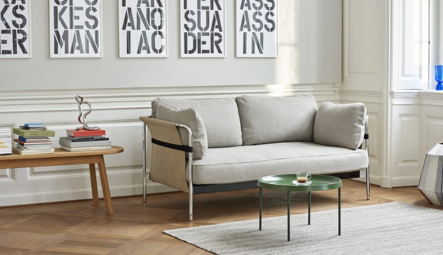 Triangle Leg Bench_Can 2 seater Roden 04 natural canvas chrome base_Tulou Coffee Table matt green_Moire Kelim grey.jpg