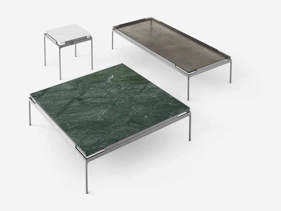 Sett LN13_Verde Guatemala Marble w. Dark Chrome_Sett LN12_Smoked cast glass w. Dark Chrome_Sett LN11 Bianco Carrera Marble w. Dark Chrome_Top.jpg