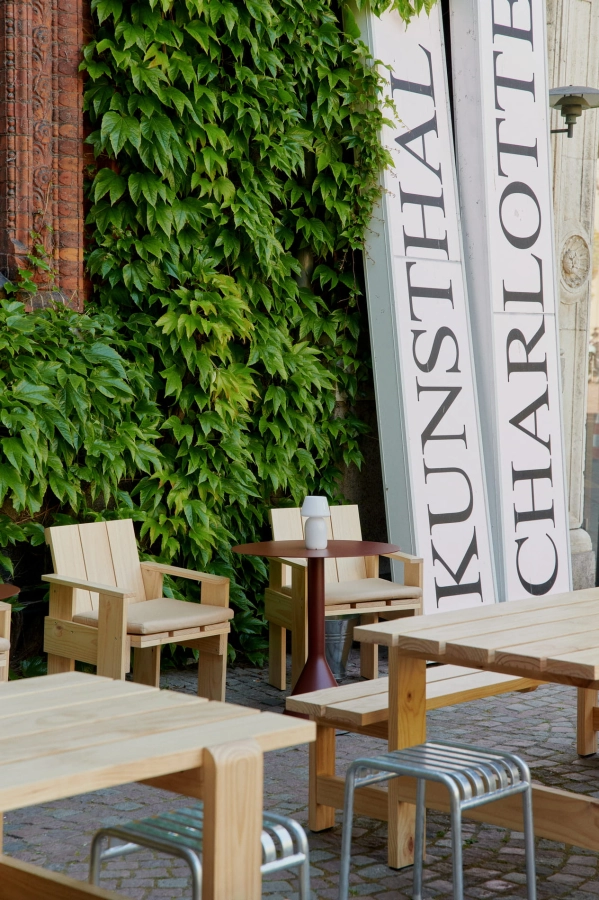 3 Days of Design 2023_Crate Dining Chair wb lacquer pinewood__Palissade Cone Table dia70xH74 iron red_Palissade Stool hot galvanised.jpg