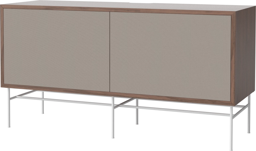 Case HiFi w. base - Medium 35 cm_White lacquered steel_Grey Hifi fabric_Grey Hifi fabric_Oiled walnut Veneer_TSCA 04-007-87_13100878_angle.png