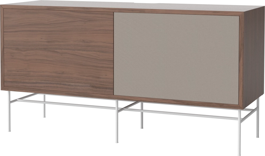 Case HiFi w. base - Medium 35 cm_White lacquered steel_Oiled walnut Veneer_Grey Hifi fabric_Oiled walnut Veneer_TSCA 04-007-87_13101158_angle.png