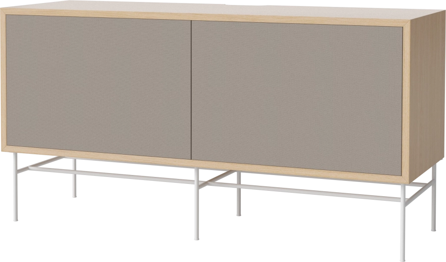 Case HiFi w. base - Medium 35 cm_White lacquered steel_Grey Hifi fabric_Grey Hifi fabric_White pigmented oiled oak Veneer_TSCA 04-007-87_13100880_angle.png