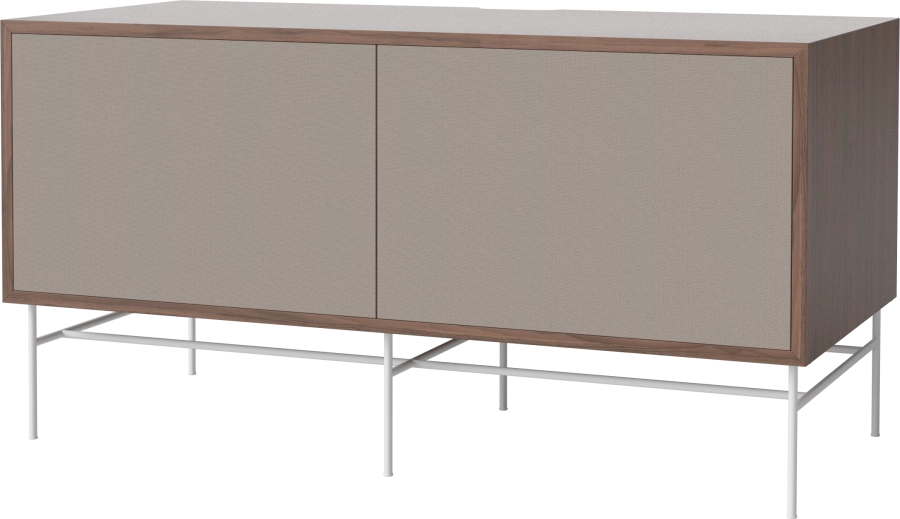 Case HiFi w. base - Medium 48 cm_White lacquered steel_Grey Hifi fabric_Grey Hifi fabric_Oiled walnut 04-007-86_13100878_angle.png