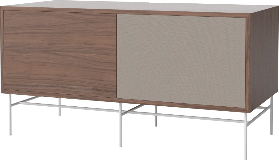 Case HiFi w. base - Medium 48 cm_White lacquered steel_Oiled walnut_Grey Hifi fabric_Oiled walnut 04-007-86_13101158_angle.png