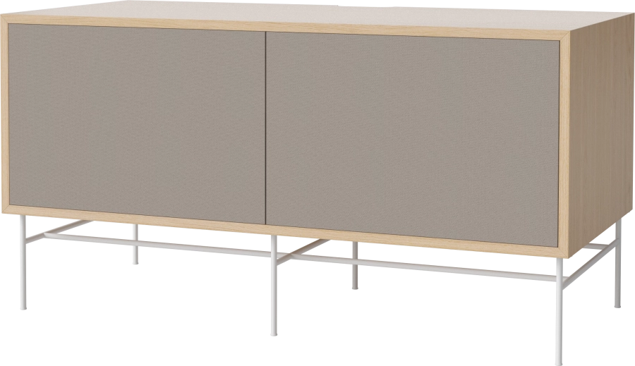 Case HiFi w. base - Medium 48 cm_White lacquered steel_Grey Hifi fabric_Grey Hifi fabric_White pigmented oiled oak 04-007-86_13100880_angle.png