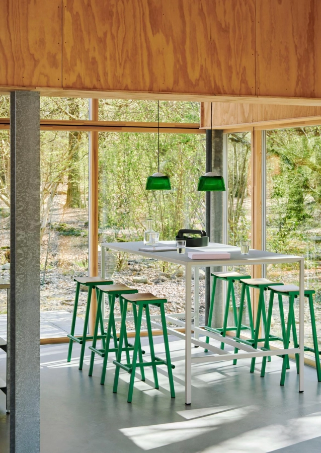Taburete 8 Bar Stool H75 wb lacquered oak veneer seat soft jade powder coated base_Brim Pendant 245 bottle green glass.jpg