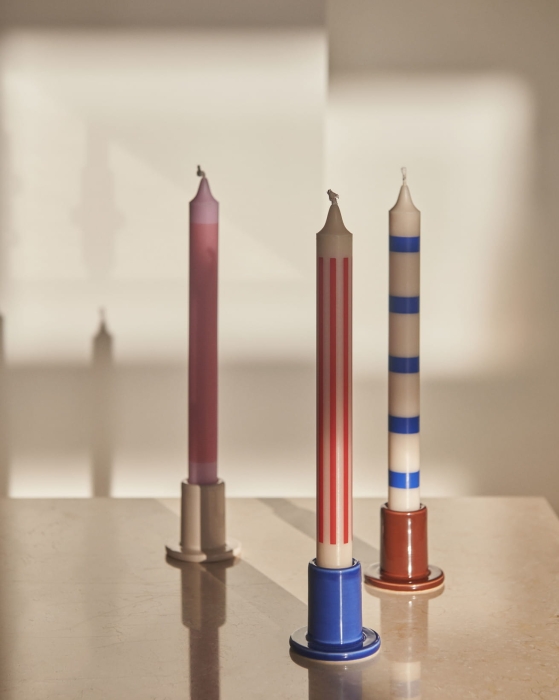 Pattern Candle pink red thin stripe_off white red_off white blue_Tube Candleholder off white_blue_brown.jpg