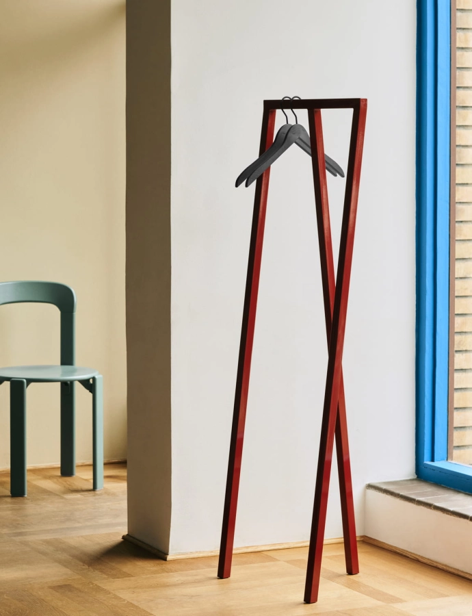 Loop Stand Hall maroon red powder coated steel_Coat Hanger Set of 4 black_Rey Chair fall green wb lacquered beech.jpg