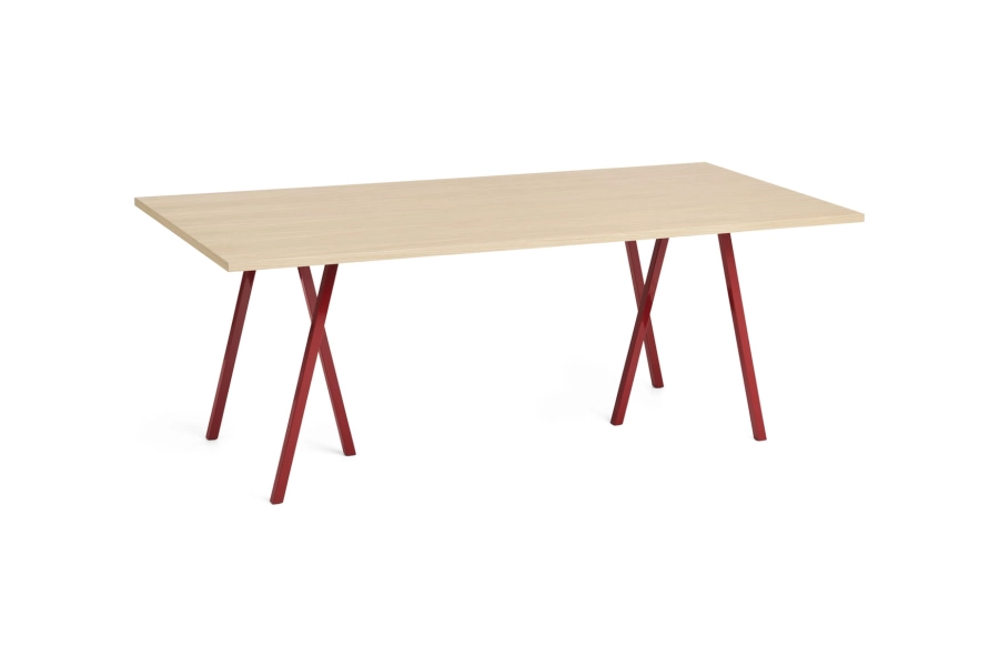 AE015-A333-AO35_Loop Stand Table L200xW92,5xH74_wb lacquered oak tabletop_maroon red powder coated steel frame.jpg