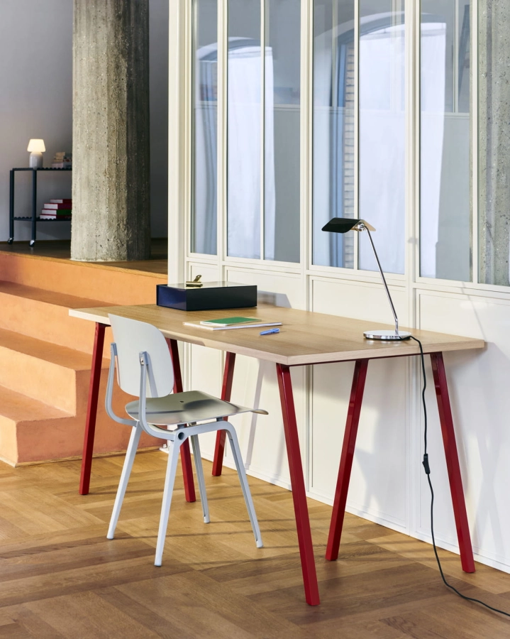 Loop Stand Table L160xW77,5xH74 wb lacquered oak tabletop maroon rred powder coated steel frame_Revolt beige seat and back beige steel base_Apex Desk Lamp iron black.jpg