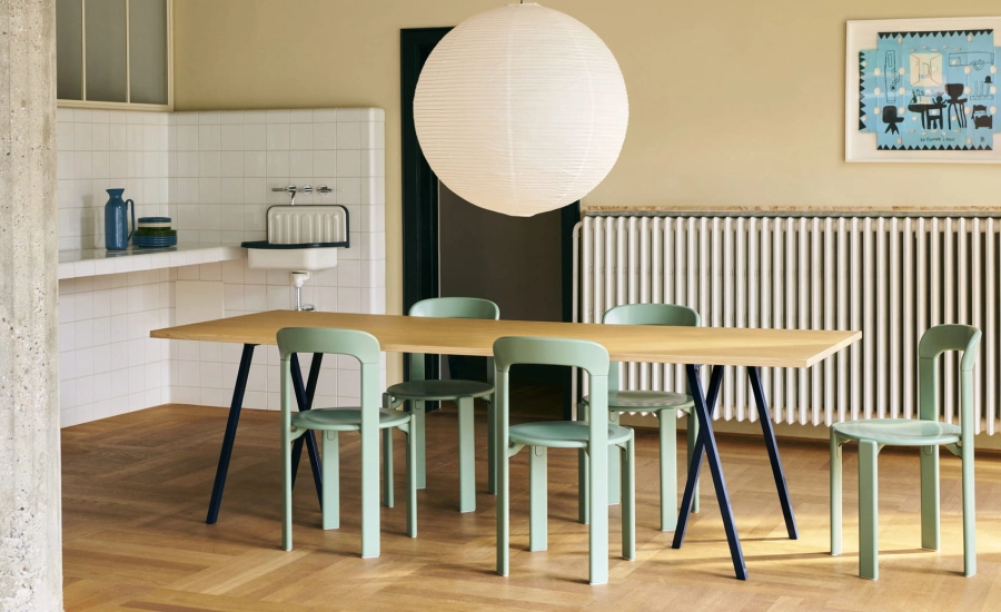 Loop Stand Table L250xW92,5xH74 wb lacquered oak tabletop_deep blue powder coated steel frame_Rey Chair Fall green wb lacquered beech_Paper Shade Ø80 classic white.jpg