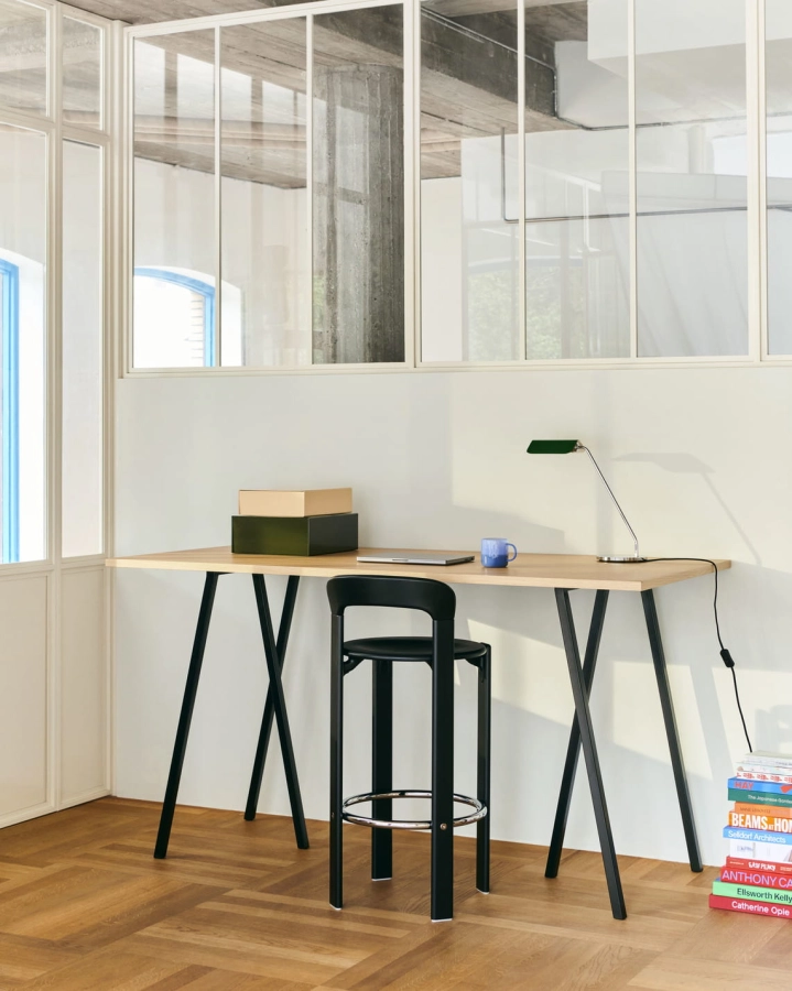 Loop Stand High Table_L160xW77,5xH97 wb lacquered oak tabletop_black powder coated steel frame_Rey Bar Stool deep black wb lacquer beech_Apex Desk Lamp emerald green.jpg