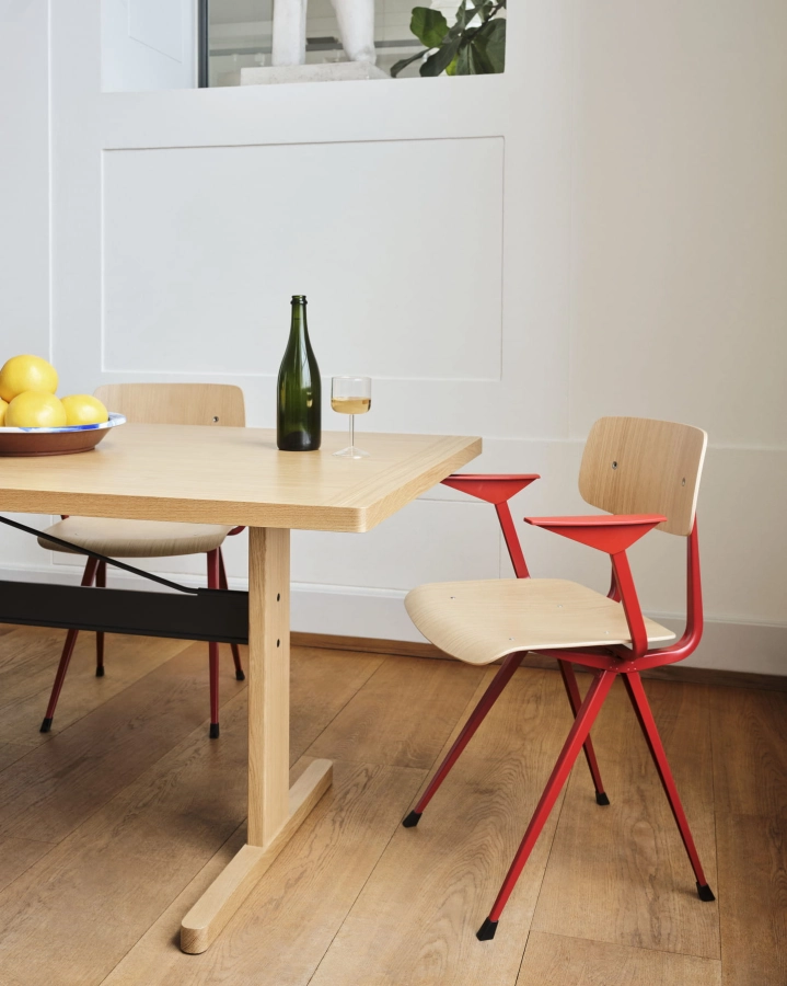 Result Armchair tomato red powder coated steel frame_Passerelle Table L300xW95xH74 wb lacquered oak frame and edge_ink black powder coated crossbar.jpg