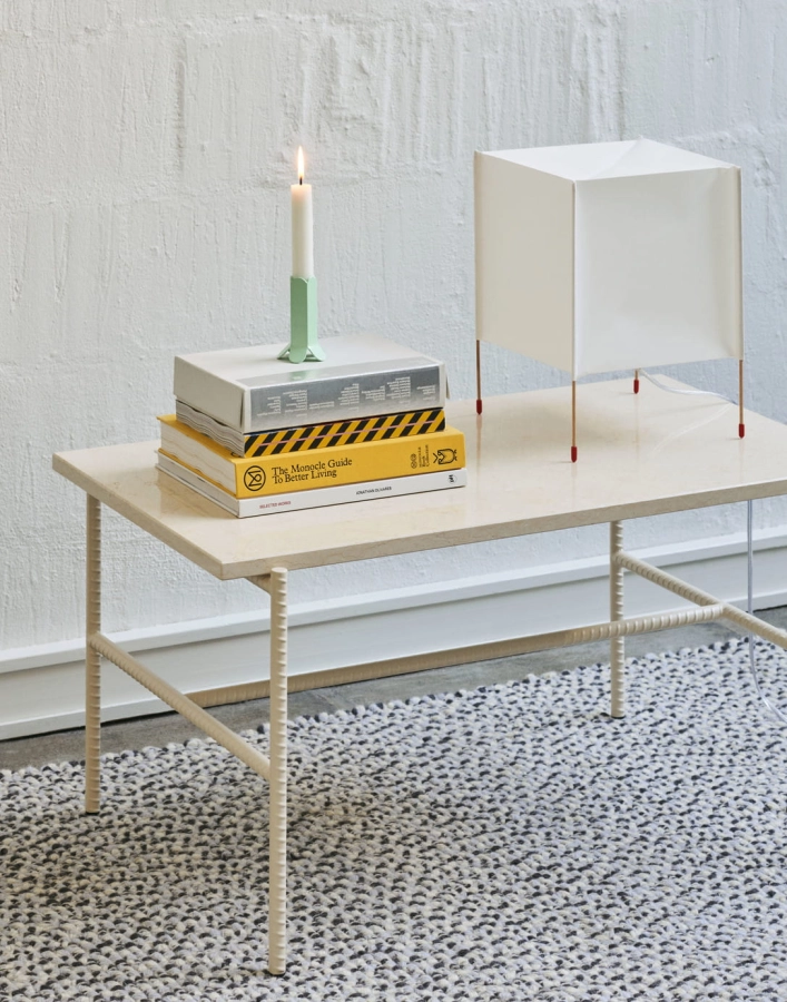 Rebar Coffee Table L80xW49xH40.5 beige marble tabletop alabaster powder coated steel frame_Paper Cube Table Lamp_Braided Rug 140x200 grey.jpg