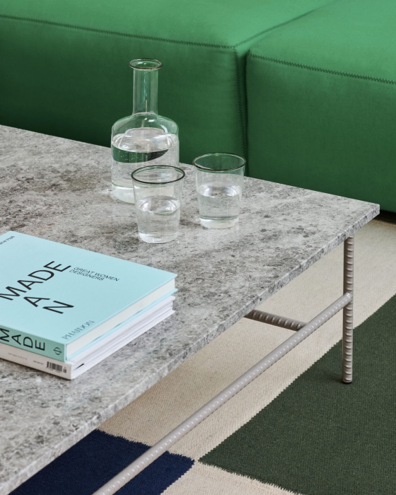 Mags Soft Low Armrest 2 seater Planar 732 black stitches_Rebar Coffee Table L80xW84xH33 grey marble tabletop fossil grey powder coated steel_Ethan Cook Flat Works 200x300 peach green check 01.jpg