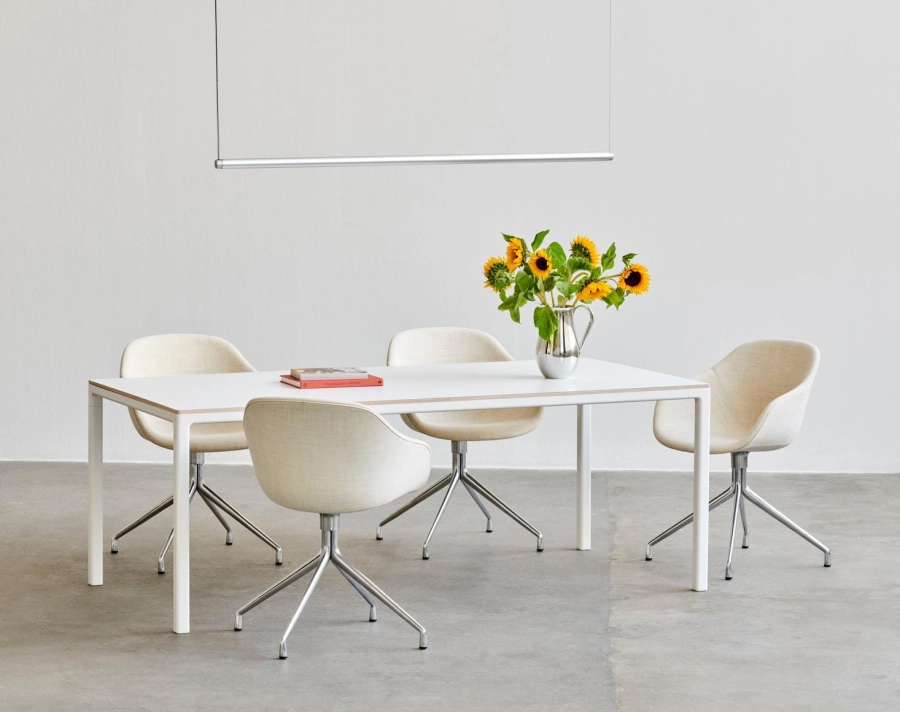 AAC 221 Remix 113 polished alu base_Factor Linear Suspension Lamp 1500 clear anodised alu_T12 Table white tabletop white base.jpg