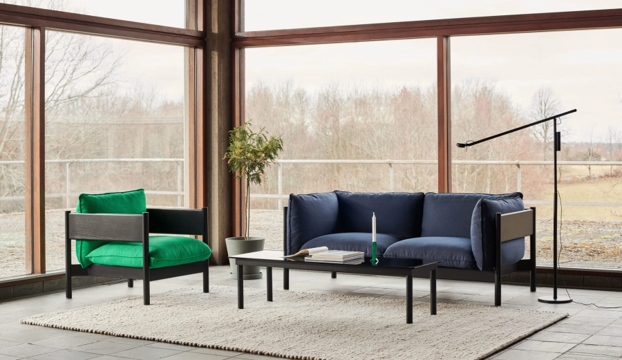 Arbour 2 Seater Steelcut Trio 796 black wb lacquer beech_Arbour Club Armchair Vidar 932 black wb lacquer beech base_Peas Random soft grey.jpg