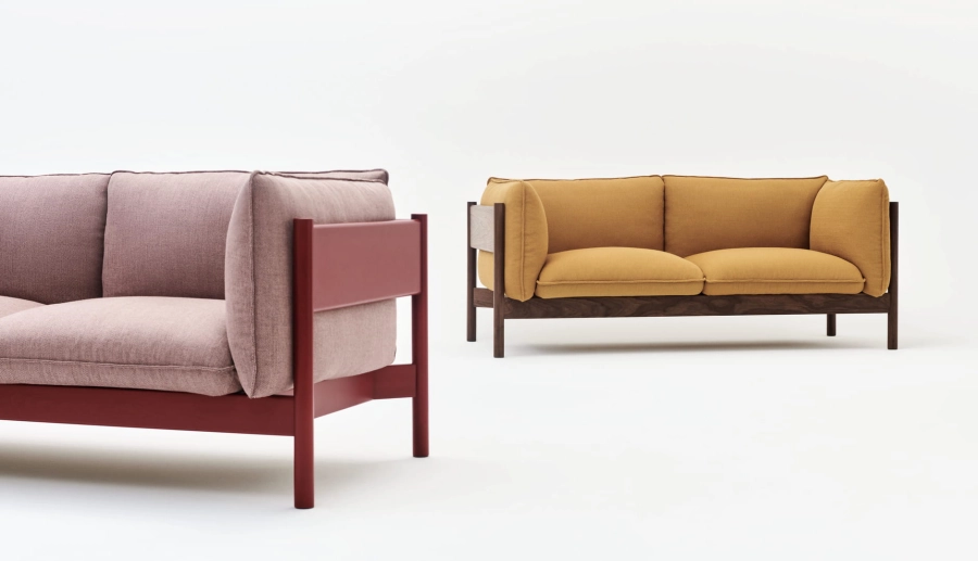 Arbour 2 Seater Re-wool 648 wine red wb lacquer beech_Arbour 2 Seater Vidar 472 oiled waxed walnut.jpg