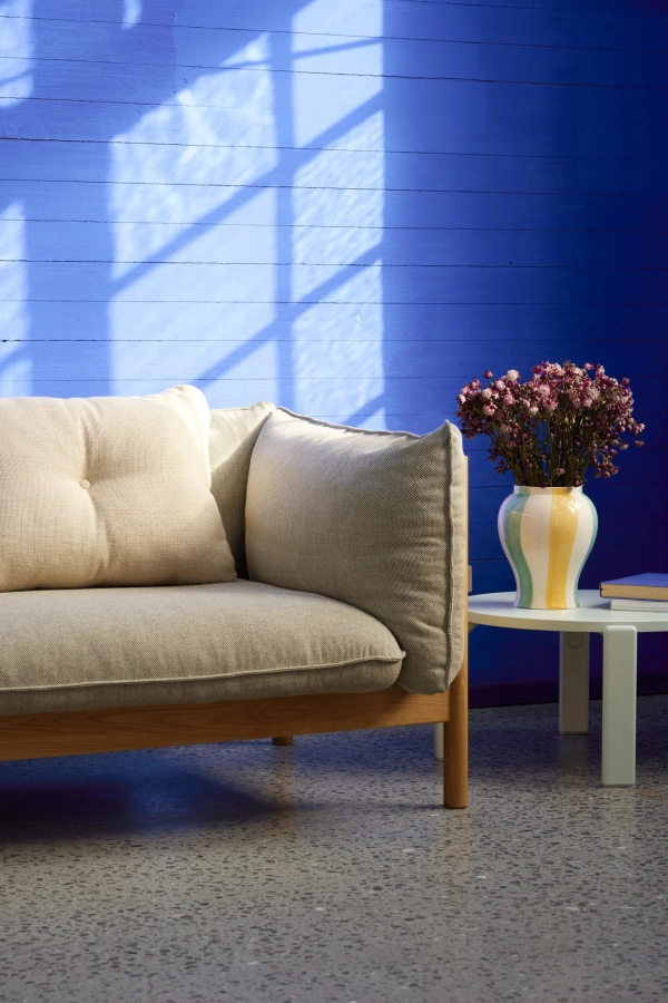 Arbour 2 Seater Re-wool 218 oiled waxed oak base_Rey Coffee Table slate blue wb lacquer beech_Sobremesa Stripe Vase L green and yellow_Dot Cushion.jpg
