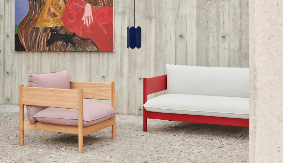 Arbour Club Sofa Mode 009 wine red wb lacquer beech base_Arbour Club Armchair Atlas 621 oiled waxed oak base_Arcs Shade cobalt blue.jpg