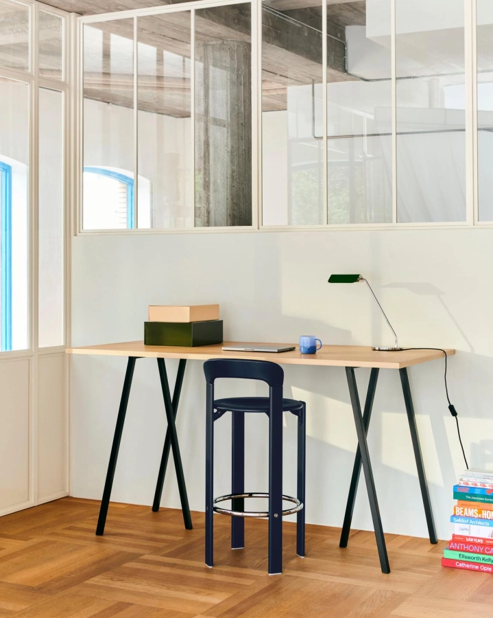 Loop Stand High Table_L160xW77,5xH97 wb lacquered oak tabletop_black powder coated steel frame_Rey Bar Stool deep blue wb lacquer beech_Apex Desk Lamp emerald green.jpg