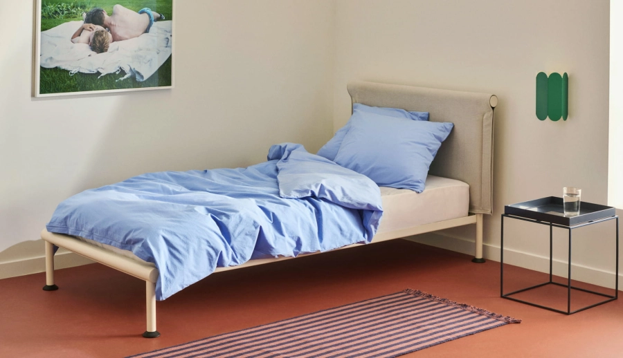 Tamoto Bed Metaphor 030 headboard_bone powder coated frame_Tray Table M deep blue_Duo Pillow Case_Duo Duvet Cover sky blue.jpg