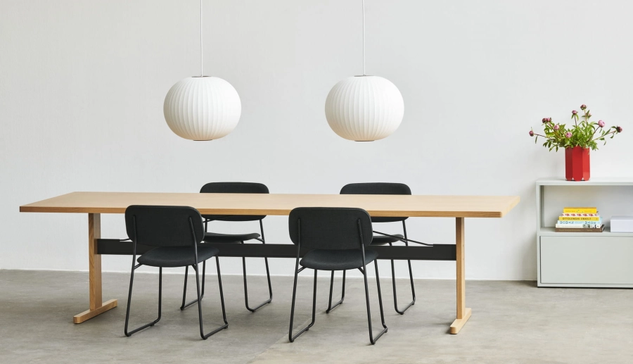 Soft Edge 51 Sled uph Remix 173 black powder coated steel base_Passerelle Table wb lacquered oak_ink black powder coated crossbar_Nelson Ball Bubble Pendant M.jpg