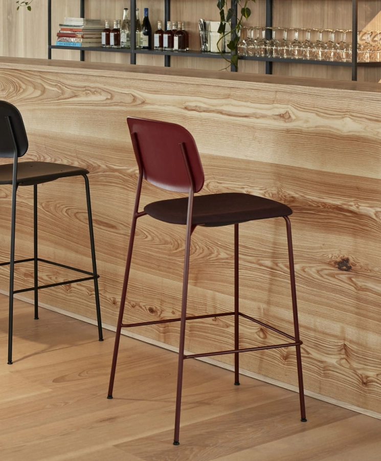 Soft Edge 90 Bar Stool fall red back seat uph Remix 373 fall red powder coated base 01.jpg