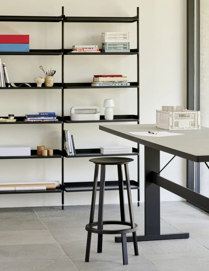 Pier System 103 PS black powder coated steel black anodised profiles_Passerelle High Table black linoleum tabletop ink black edge legs and crossbar.jpg